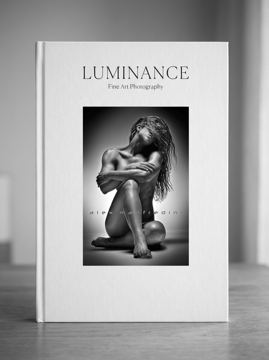 Luminance monograph book cover — elegant black and white photography book with refined typography