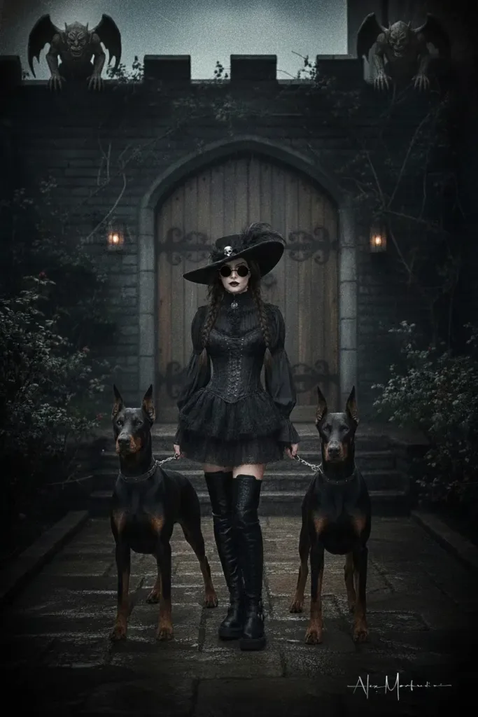 Wednesday handling two dobermans in a gothic Portrait in front of a castle with gorgoyles