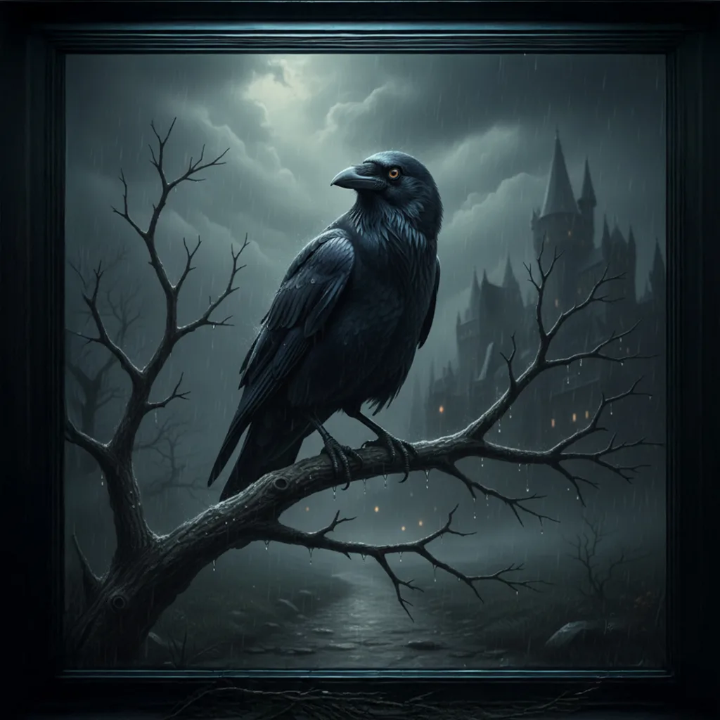 a Crow in a branch looking at the camera in a dark night with a view of thee gohic castle at the cakground