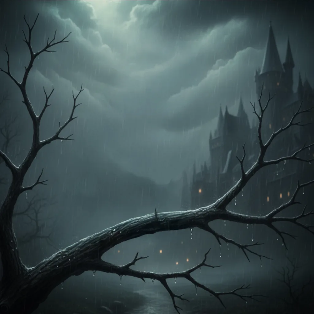 Branch in a stormy night in front of the gothic castle