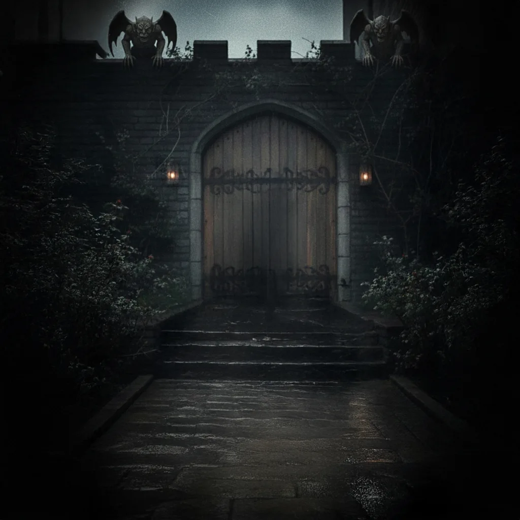 Castle Door with torchs aftera rain in a dark nightt