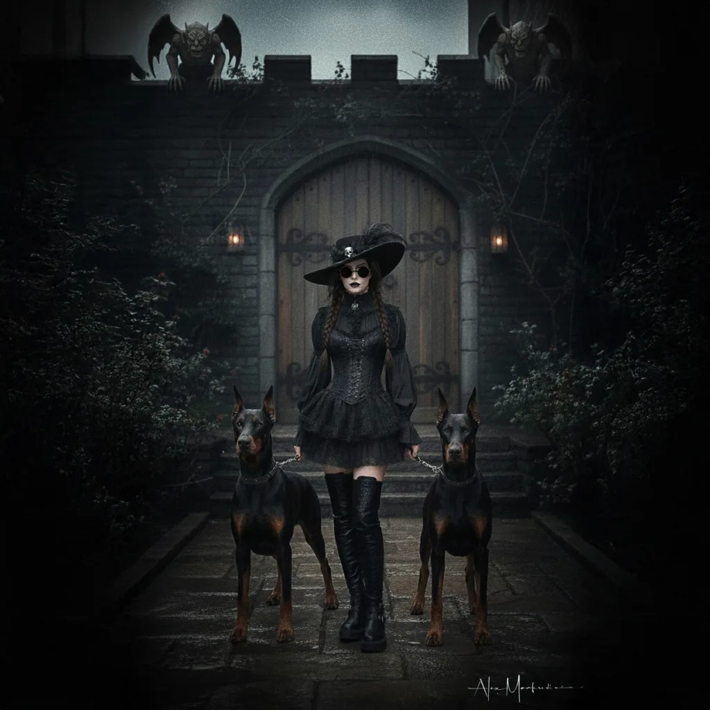 Gothic Portrait of Wednesday handling two dobermans in front of a castle's door with gorgoules