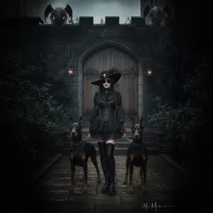 Gothic Portrait of Wednesday handling two dobermans in front of a castle's door with gorgoules