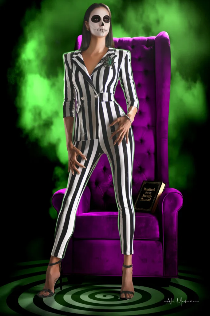 Midnight Muse standing in front of a velvet chair surrended by toxic green smoke