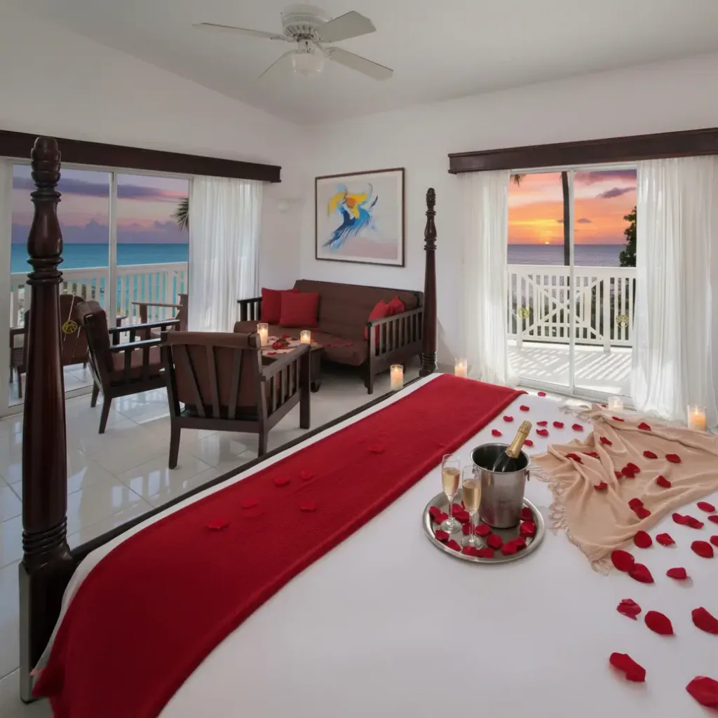 A bright and spacious hotel room at Lifestyle Tropical Beach Resort & Spa, featuring a large bed, a sitting area with wooden furniture and a sofa, a ceiling fan, and large sliding glass doors opening to a private balcony with a view of lush tropical greenery.