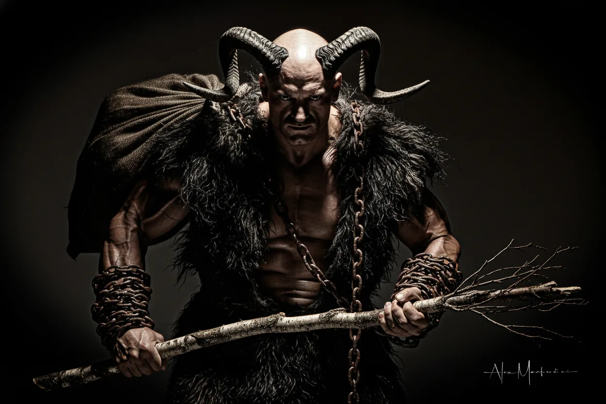 Krampus with birch rod — horned figure gripping a birch switch, fur costume and rusted chains, textured high-contrast portrait.