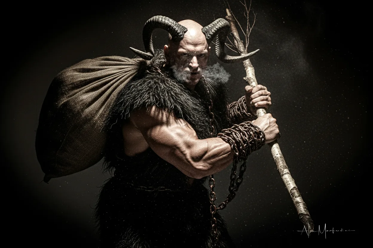 Krampus with sack — close three-quarter portrait of a horned figure carrying a burlap sack and gripping a birch rod, breath visible in the cold light.