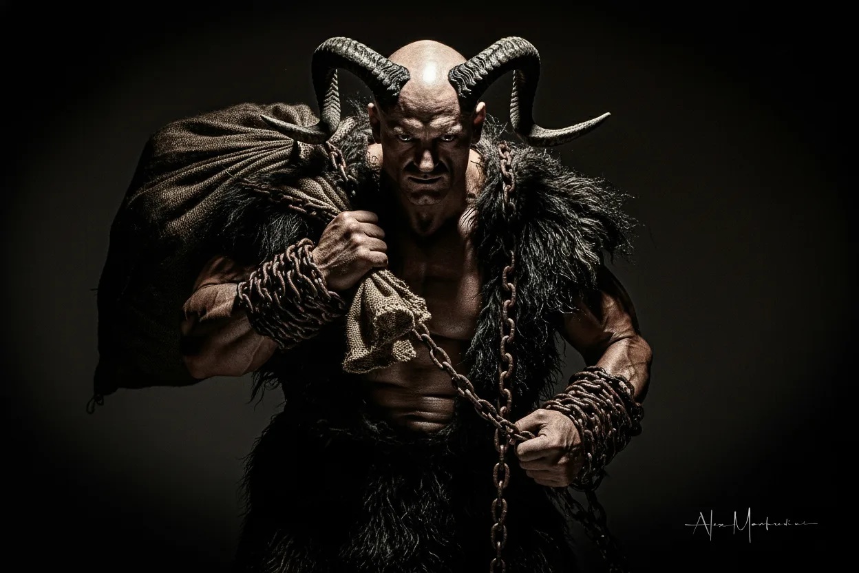 Krampus approaching — frontal portrait of a horned figure hauling chains and a large sack, furious expression and theatrical low-key contrast.