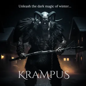 Krampus walking the streets of an old alpin e town at night