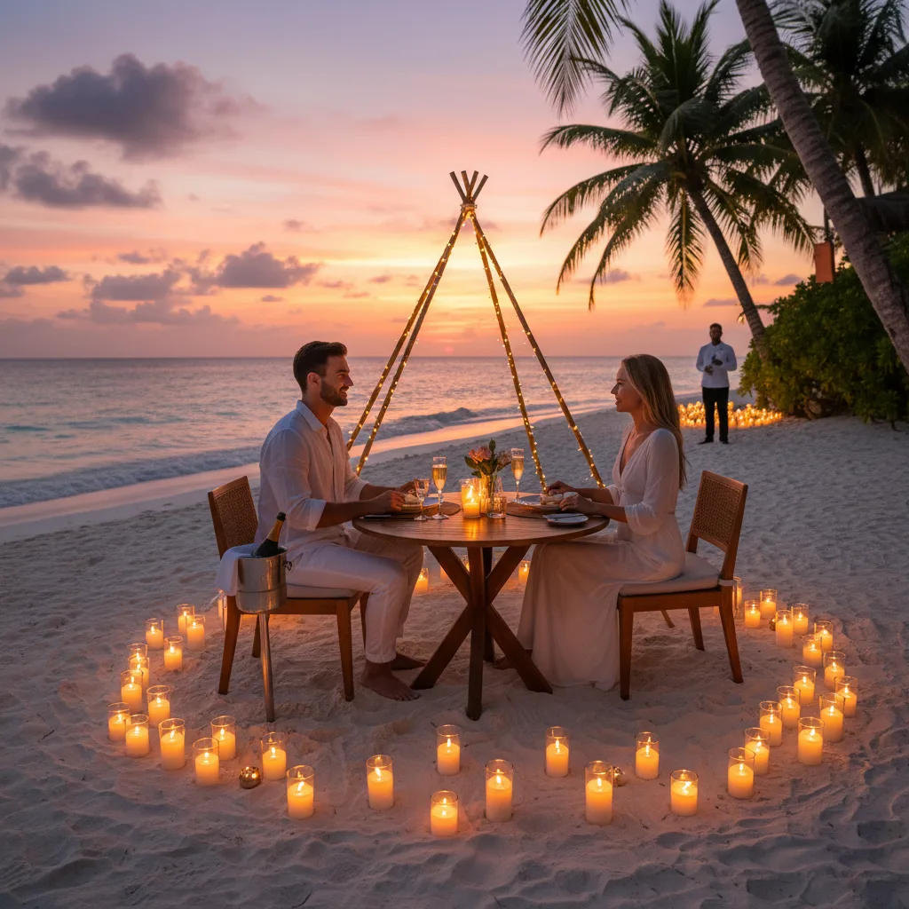A waitress in a white shirt serves drinks to a man and woman dining at a table in a tropical resort restaurant on the beach for a private sunset candlelight dinner